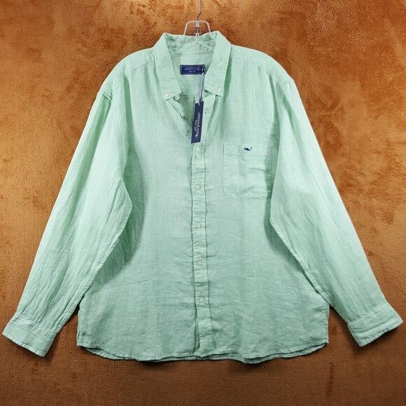 VINEYARD VINES Shirt Mens XL Solid Green Button Down Long Sleeve 100% Linen - Picture 1 of 8